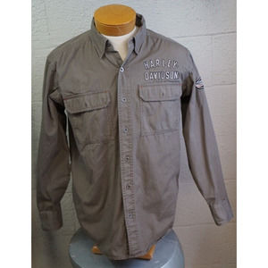 Harley Davidson Size M Khaki Cotton Button Down Embroidered Long Sleeve Shirt